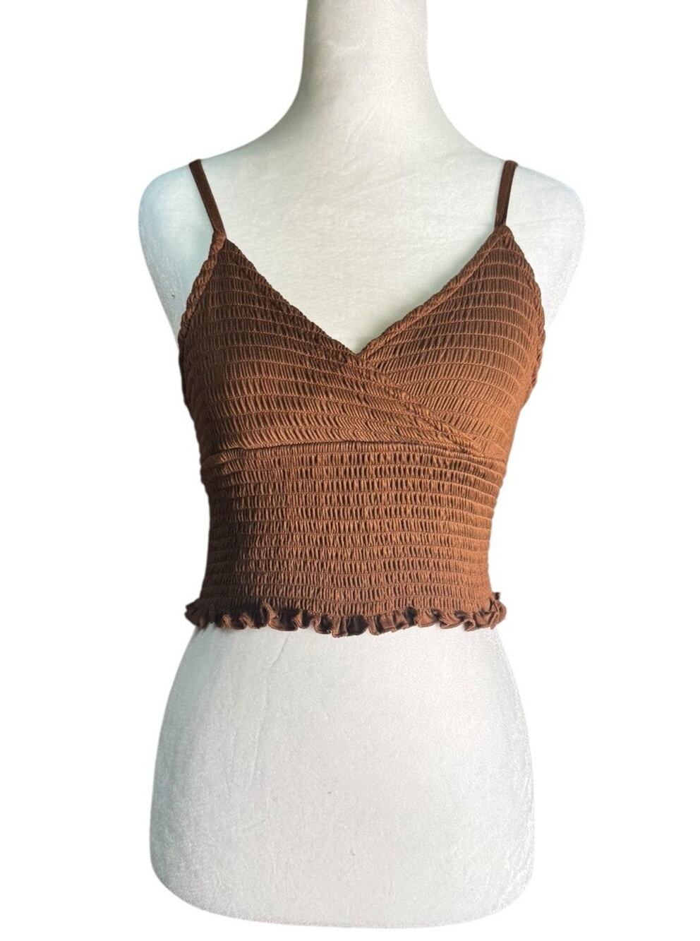 Y2K Rue21 Chocolate Brown Smocked Cami Top Ruffle Hem Festival Indie Sleaze Sz L
